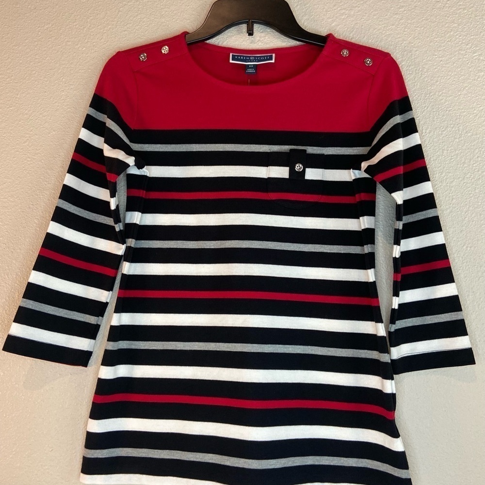 Karen Scott Sport~NWT~Cotton/Poly Blend~Stripe~Scoop Neck~3/4 Sleeve Top~Size XS